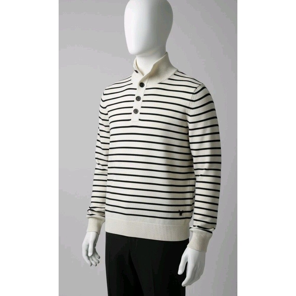 American Eagle Striped Mock Neck Sweater Small S/P Button Detail Long Sleeve Blu